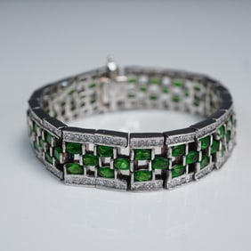 Sterling Silver Link Bracelet with Green and Clear Stones