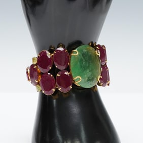 Bounkit Gold Tone Bangle Bracelet with Green and Red Glass Stones
