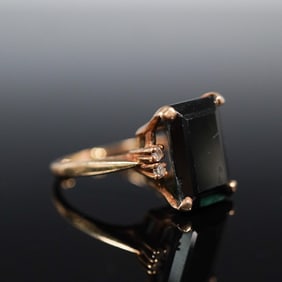 14K Gold Rectangular Cut Dark Stone Statement Ring
