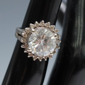 14K White Gold Ring with Round Brilliant Cut Stone and Halo Accent