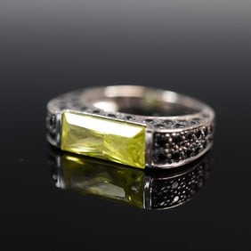 14K White Gold Ring with Yellow Baguette and Black Stone