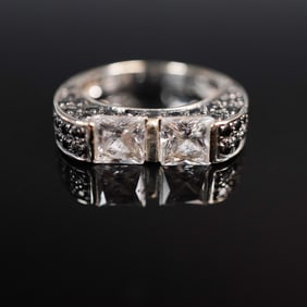 14K Yellow Gold Ring with Clear and Black Stones