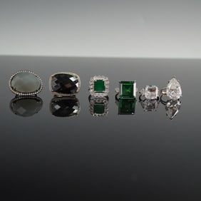 6pc 925 Sterling & Silver Tone Fashion Rings, Oversized Gem Settings
