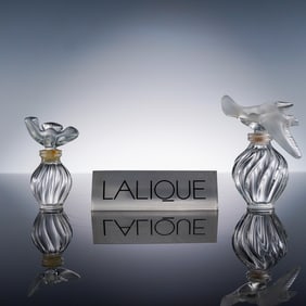 3pc Lalique Crystal, Perfume Bottles and Display Block