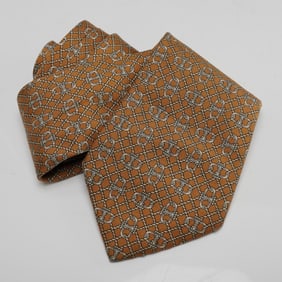 Hermes Amber Silk Necktie with Equestrian Pattern