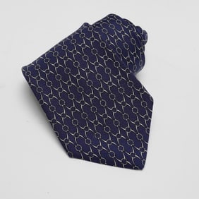 Hermes Navy Silk Necktie with Geometric Pattern