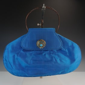 Blue Silk Evening Bag with Decorative Medallion Clasp