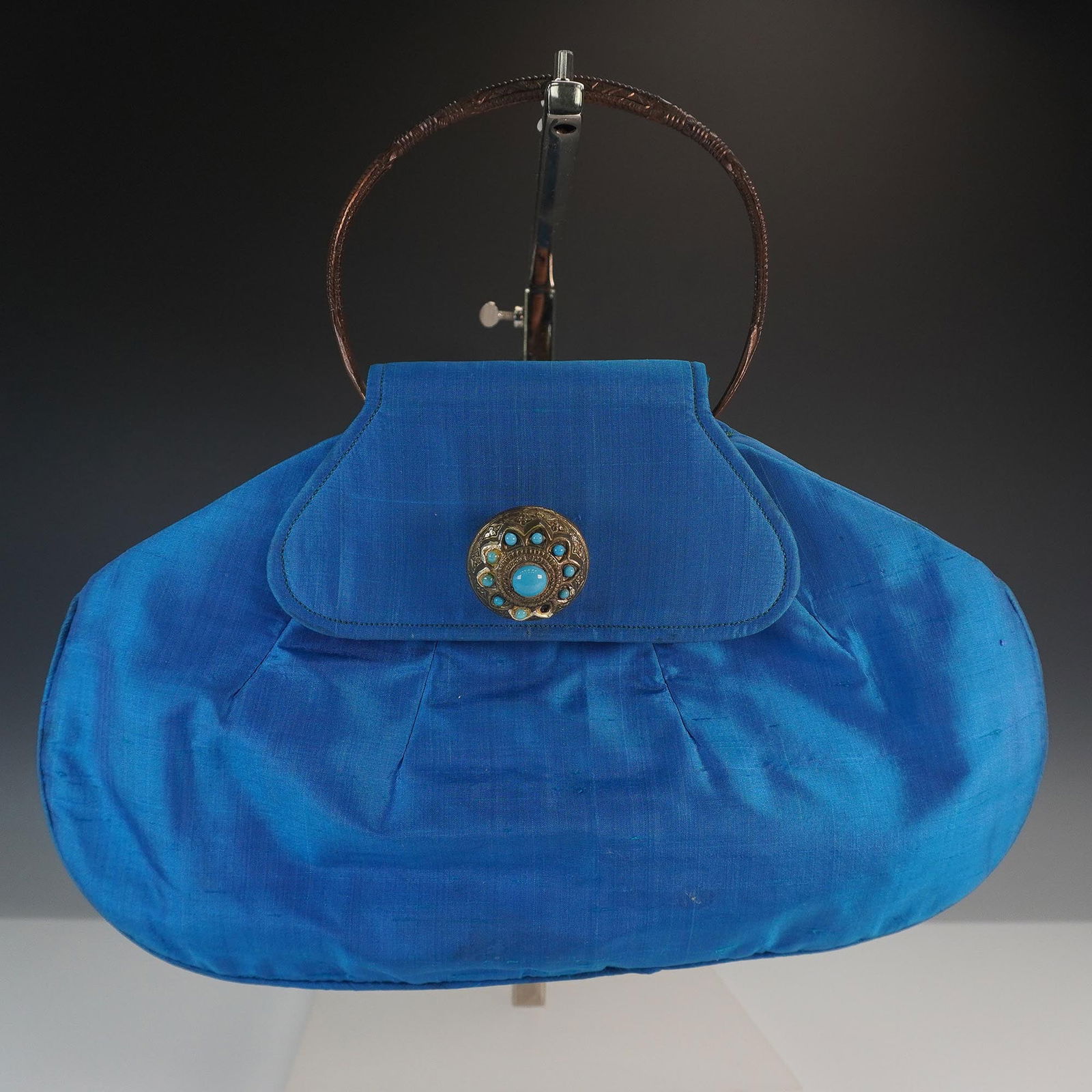 Blue Silk Evening Bag with Decorative Medallion Clasp (1 of 5)