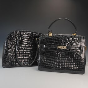 2pc Black Embossed Faux Crocodile Handbag Lot