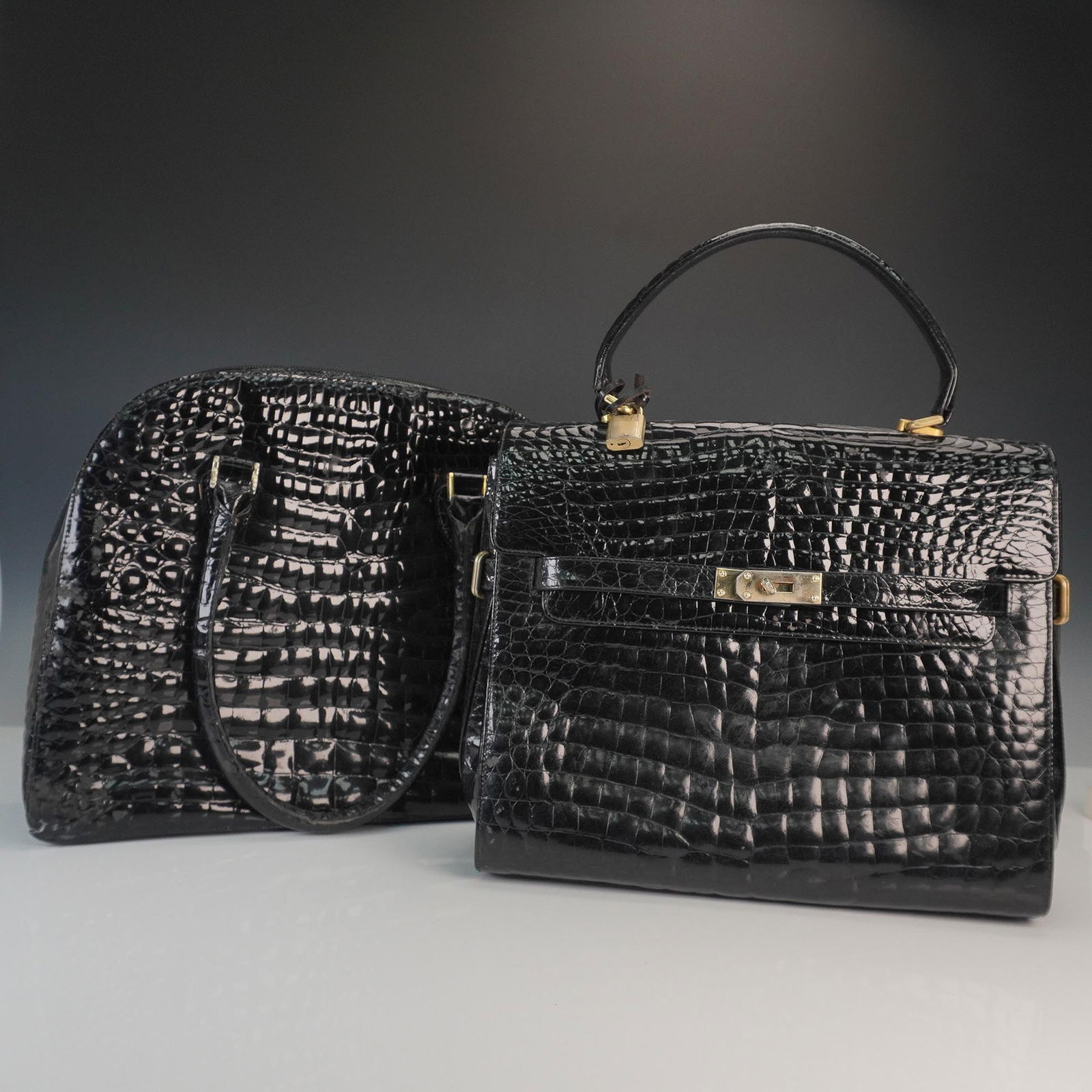 2pc Black Embossed Faux Crocodile Handbag Lot (1 of 8)