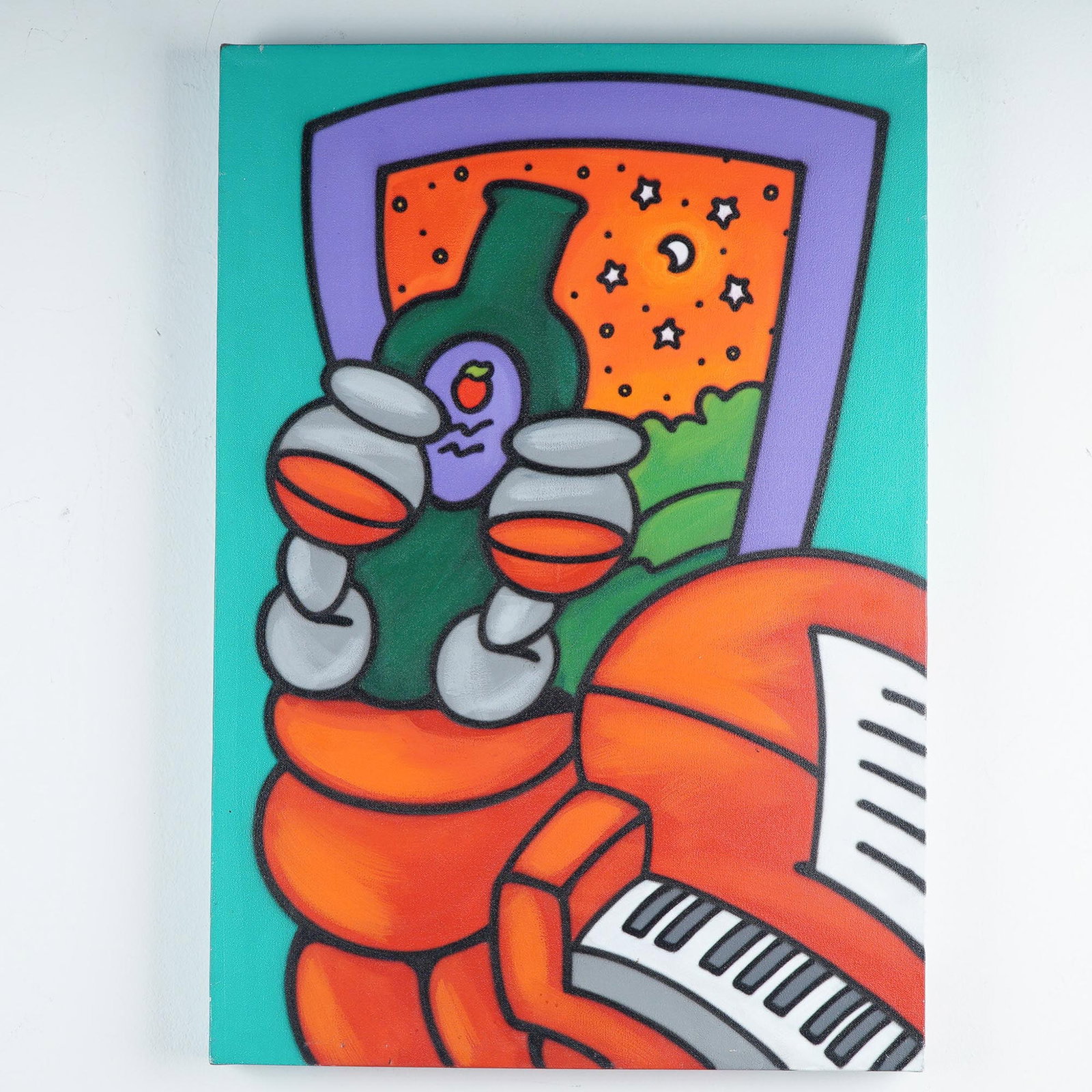 Ed Bartoszek Acrylic on Canvas Painting, Signed: Acrylic on canvas painting by American pop surrealist Ed Bartoszek, known for his bold use of color and stylized symbolism. This whimsical composition features a central green wine bottle flanked by t