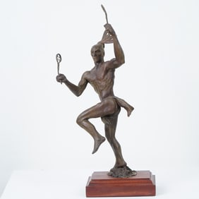 Jud Hartmann, Bronze Sculpture Native American Lacrosse Player, Signed