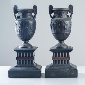 Pair of Neoclassical Style Patinated Bronze Vases on Stone Pedestals