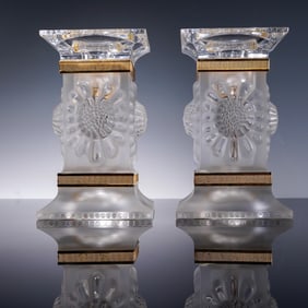 Pair of Lalique Crystal Parquettes Candle Holders