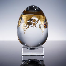 2pc Baccarat Crystal Figurine, Clear and Gilt Designed Egg with Stand