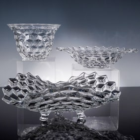 3pc Fostoria-Style Cube Pattern Pressed Glass Serving Set