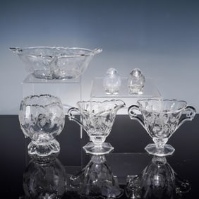 6pc Heisey Etched Crystal Glassware Set with Shakers