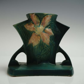 Roseville Pottery Double Handle Bud Vase, Clematis