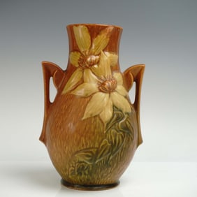 Roseville Pottery Double Handle Vase, Clematis