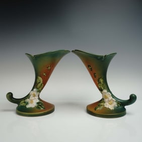Pair of Roseville Pottery Cornucopia Vases, White Rose Green