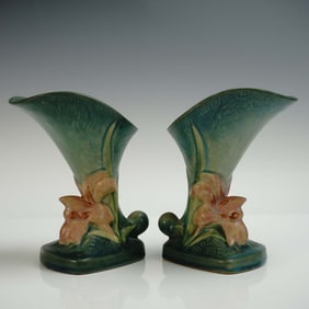Pair of Roseville Pottery Cornucopia Vases, Zephyr Lily