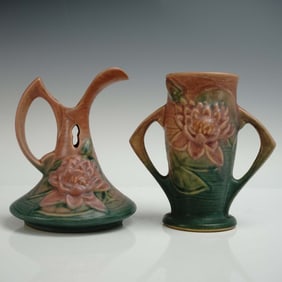 2pc Roseville Pottery Ewer and Vase, Water Lily Pattern