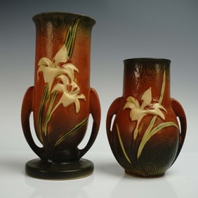 2pc Roseville Pottery Vases, Zephyr Lily