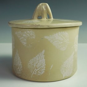 Ceramic Lidded Jar with Elephant Finial and Leaf Impressions