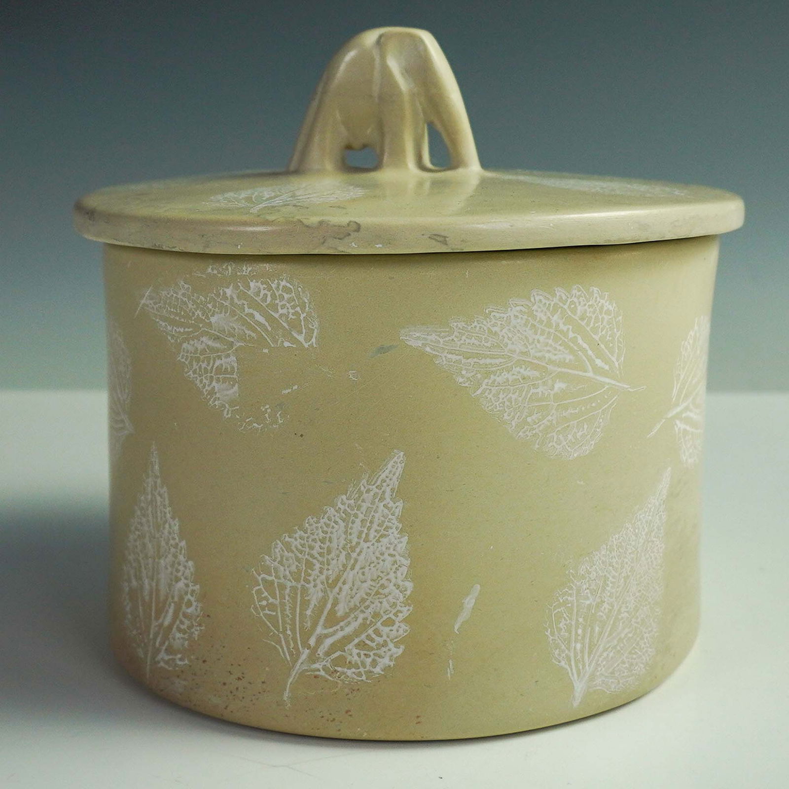 Ceramic Lidded Jar with Elephant Finial and Leaf Impressions (1 of 5)