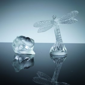 2pc Lalique Crystal Figurines, Dragonfly and Snail