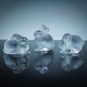 3pc Lalique Frosted Crystal Figurines, Rabbits