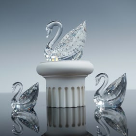 3pc Swarovski Crystal Figurines, Centenary Swan, Renewal Swan, Mini Swan