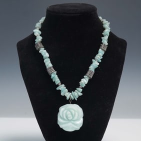 Amazonite Chip Necklace with Carved Rose Pendant