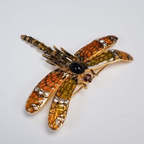Landau Gold Tone Dragonfly Brooch with Enamel and Rhinestones