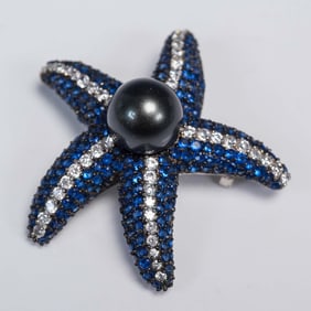 Sterling Silver Starfish Brooch with Blue Crystals and Faux Pearl