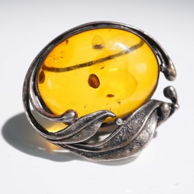 Vintage Amber and Sterling Silver Brooch