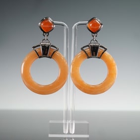 Pair of Orange Stone Hoop Drop Earrings with Black Metal Accents