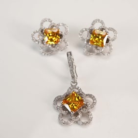 Sterling Silver Yellow Gemstone Pendant and Earring Set