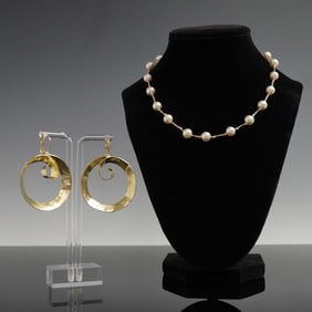 2pc Spyriiliotis Spiral Earrings and Hand-Knotted Pearl Necklace