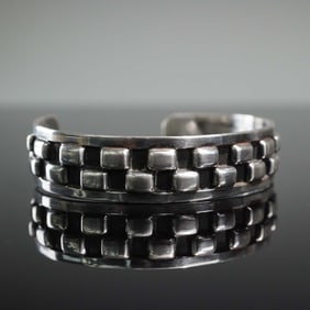 Sterling Silver Checkered Cuff Bracelet Marked Mexico 925