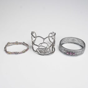 3pc Sterling Silver and Silver-Plated Floral Bracelets