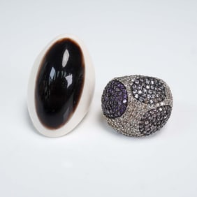 2pc Ring Lot, Sterling Pave Dome Ring and Resin Statement Ring