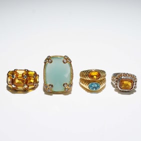 4pc Sterling Silver, Gold and Glass Stone Ring Set