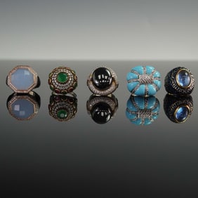 5pc Statement Rings, Sterling & Mixed Metals with Inlaid Stones