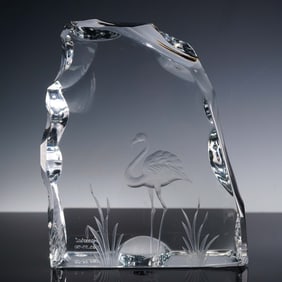 Rare Baccarat Crystal Sculpture, Flamingo in Aquatic Landscape