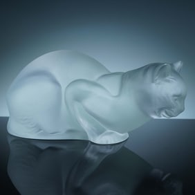 Lalique Frosted Crystal Figurine, Crouching Cat