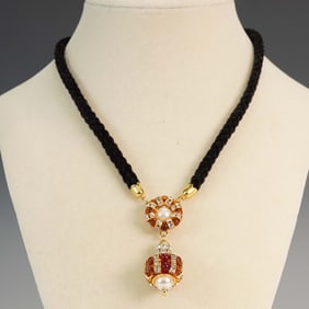 Black Rope Necklace with Crystal and Faux Pearl Pendant