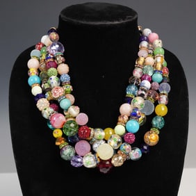 Eclectic Multicolor Beaded Necklace with Gold Tone Chain