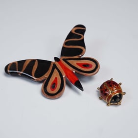 2pc Brooch Lot, 14K Italy Ladybug and Paper Butterfly