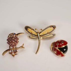 3pc Pollinator Brooch Set with Rhinestones and Enamel